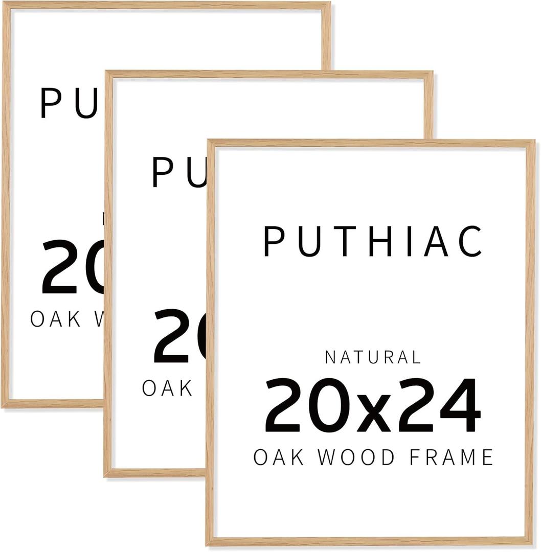 puthiac 20x24 Solid Oak Wood Picture Frame, No Mat, Wall Display Only, Vertical or Horizontal, Plexi Front, 3 Pack, Natural Oak