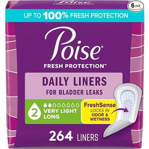 Poise Daily Liners, Incontinence Panty Liners for Bladder Leaks, 2 Drop Very Light Absorbency, Long Length, 264 Count of Pantiliners (6 Packs of 44),