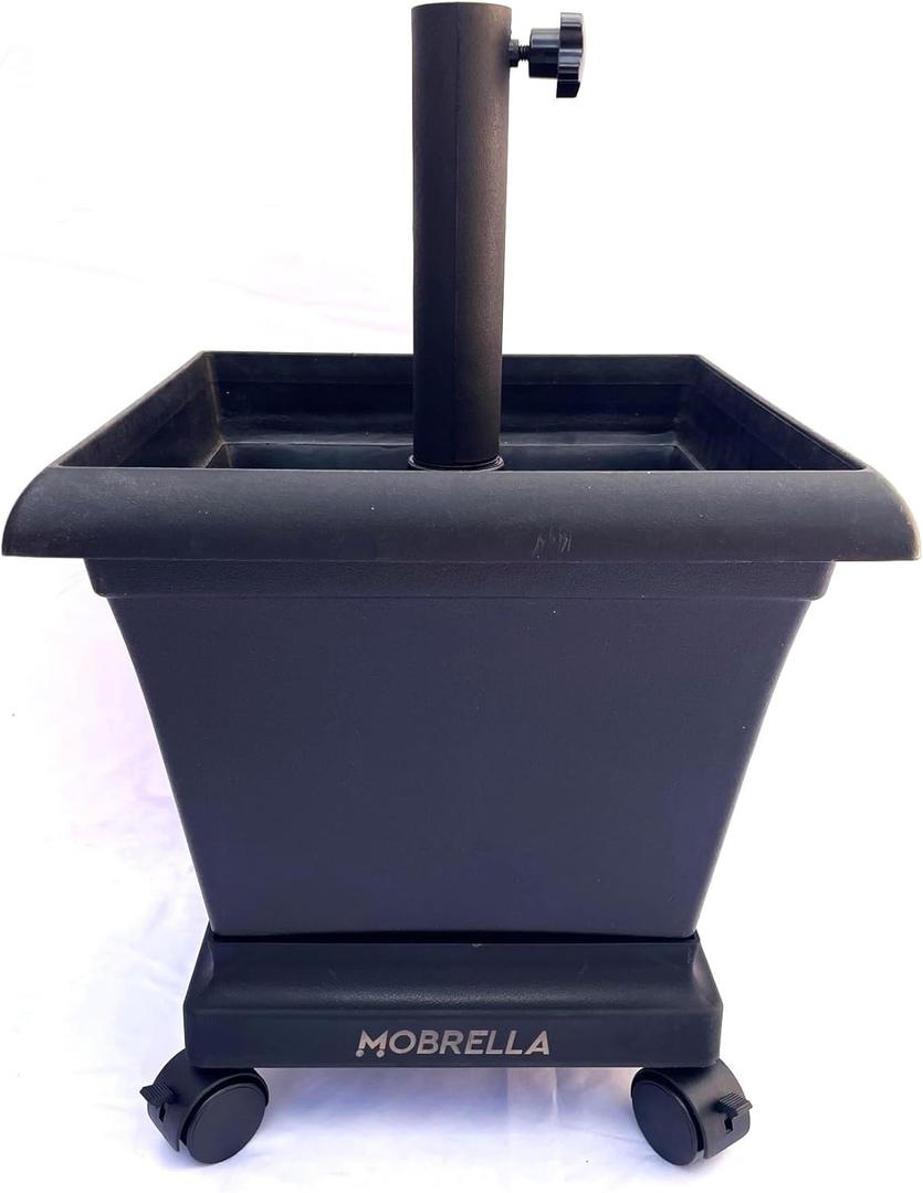 Patio Umbrella Base Stand with Wheels, Fillable Planter Box and Mobile for Rolling on Outdoor Patio, Poolside Decks and Gardens (Black)