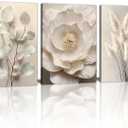 3Pcs Beige Floral Botanical Frame Canvas Wall Art, Neutral Textured Flower Plant Wall Painting Picture Wall Decor Vintage Blossom Posters Prints for Bedroom Living Room Reay to Hang 20"x28"x3Pcs