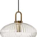 Industrial Vintage Pendant Lighting with Ribbed Glass Lamp Shade and Bronze Finish, Modern Retro Ceiling Light Hanging Lamp for Bedside Dining Table Kitchen Island (Transparent, 11.8")