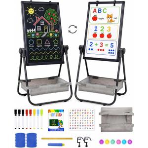 Maxtek Easel for Kids 24x18in, Double-Sided Whiteboard & Chalkboard, Black | Adjustable Height, 360° Rotating Art Easel Board with Tabletop Mode, Magnetic Standing Easel With Accessories For Kids 3+
