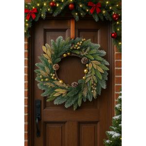 NeoL'artes 26inch Gold Wreath for Porch Front Door Mantle and Fireplace Wrapped Grapevine with Ornaments Snow Pinecones Winter Season Home Decor