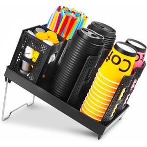 BEABOO Cup and Lid Holder, Disposable Paper Cup Dispenser with Coffee Pod Straw Storage Basket, 6-Compartment Countertop Coffee Cup Holder for Coffee Stations, Break Rooms, Living Rooms (Black)