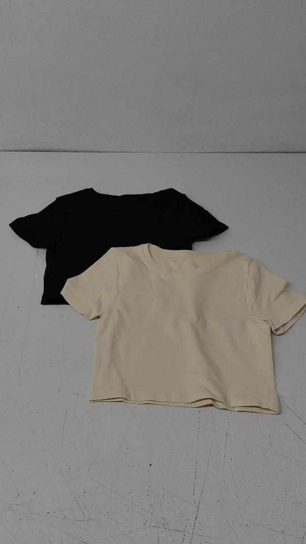 OQQ Womens 2 Piece Shirts Short Sleeve Crew Neck Ruched Stretch Fitted Tee Shirts Crop Tops Black/Beige S