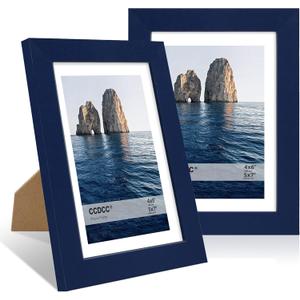 5x7 Picture Frame Set of 2, 5 x 7 Wood Photo Frames with Mat for 4x6, Natural Wooden Frame with Real Glass Cover for Wall and Tabletop Display,Blue