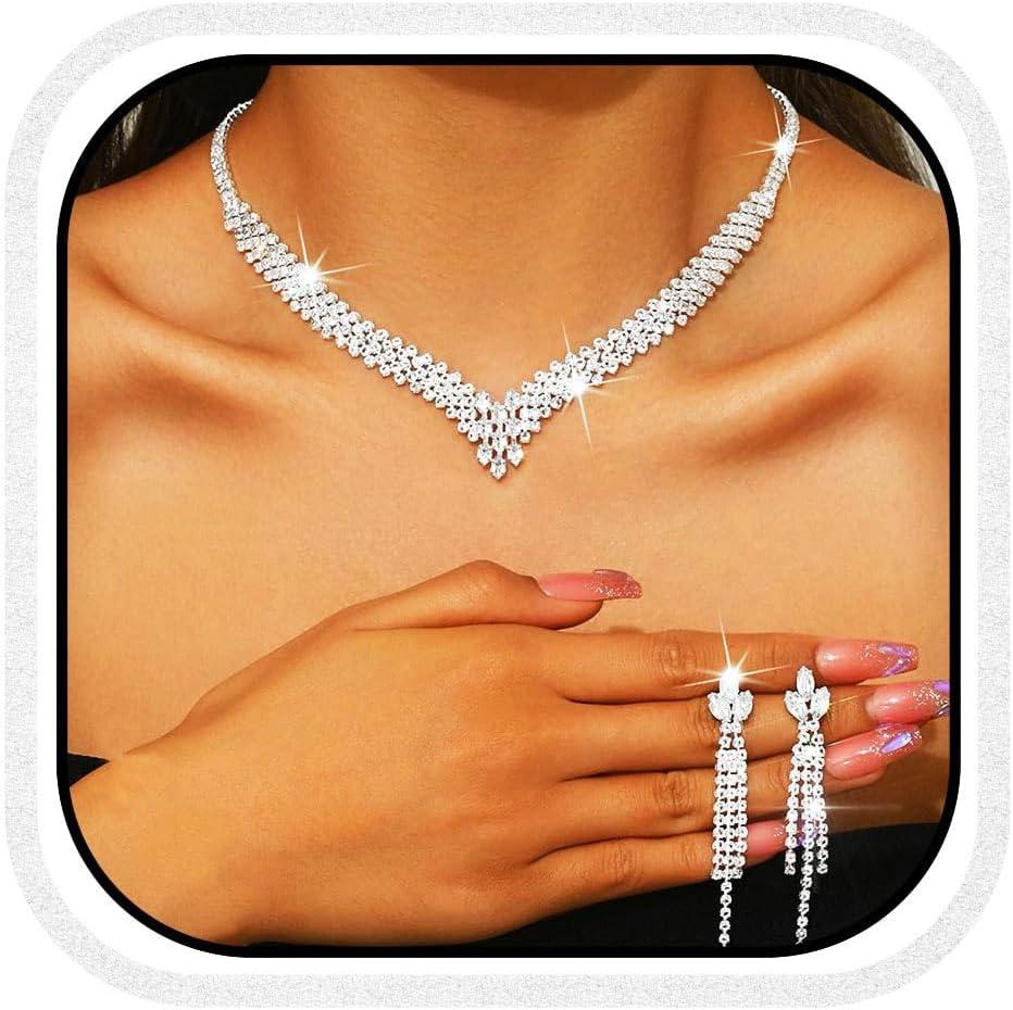 Aukmla Bridal Jewelry Set Silver Rhinestones Bride Wedding Necklace Earring Sets Prom Necklaces for Women