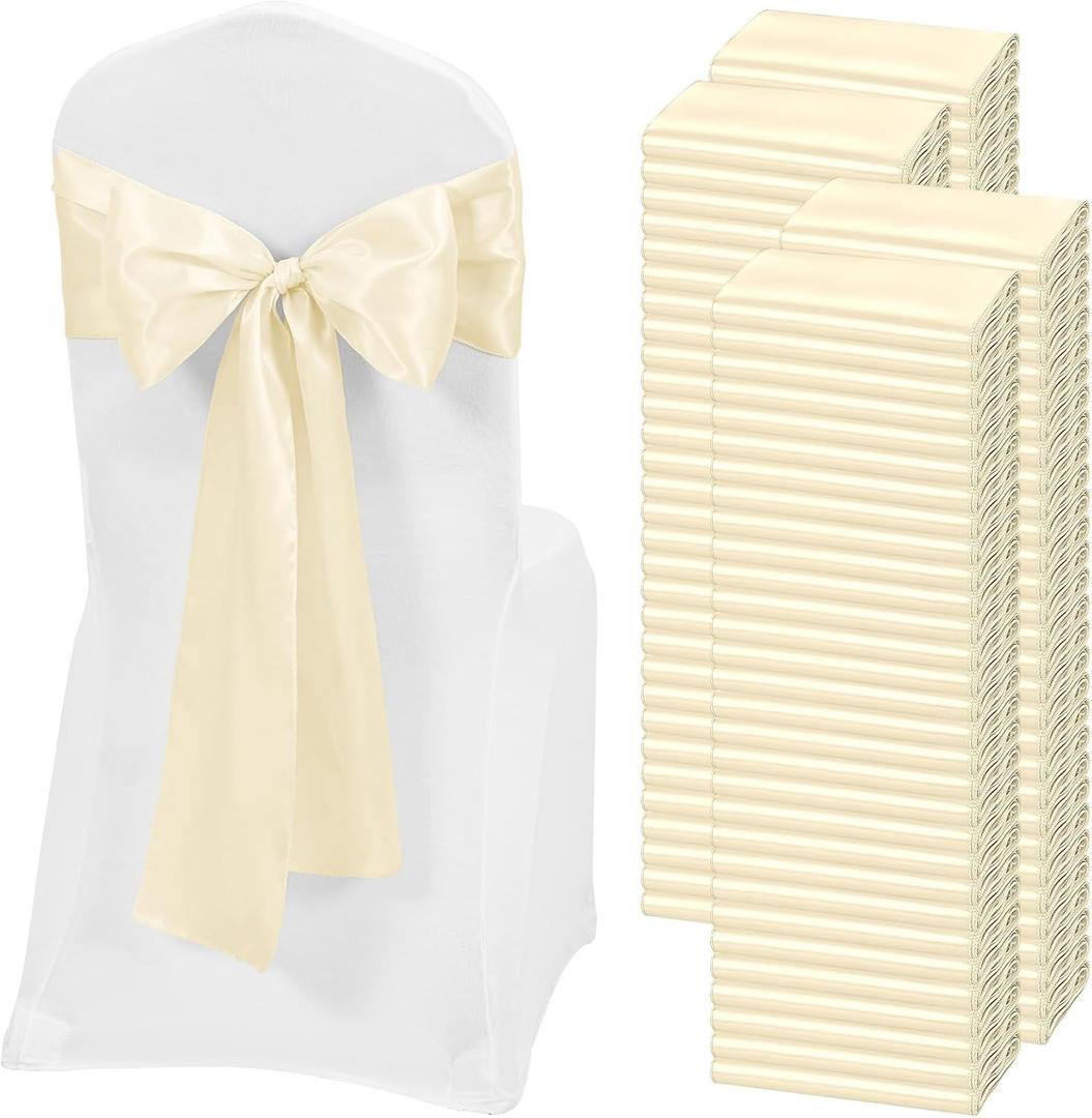 120 PCS Ivory Satin Chair Sashes, Ties Bows Designed Chairs Decorative, Chair Cover Sashes for Thanksgiving Wedding Christmas Banquet Party Home Kitchen Decoration (7 x 108 inch)