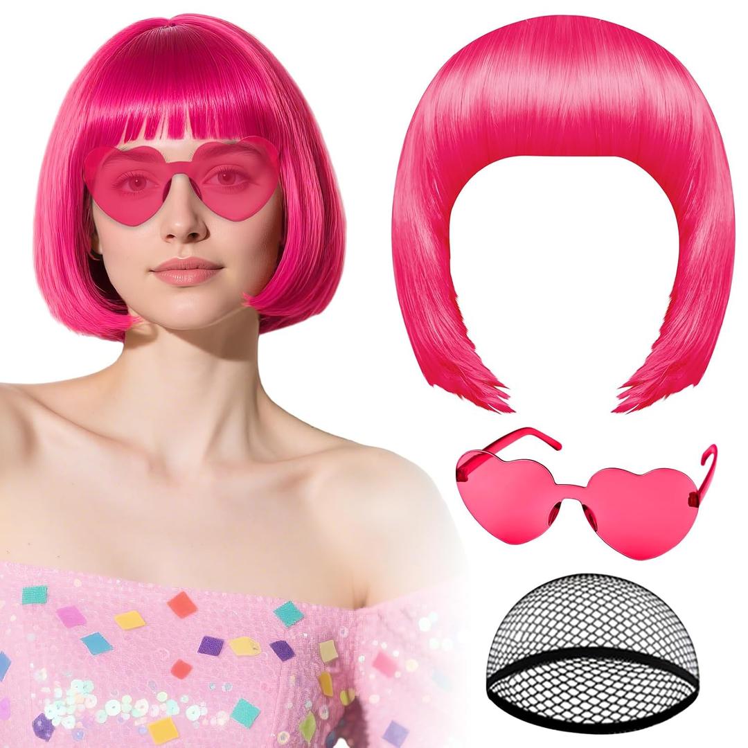 PLULON Hot Pink Bob Wig with Heart Sunglasses and Hair Cap, Colorful Short Bob Wigs Synthetic Party Wigs Funny Cosplay Hairpieces for Women Men Neon Bachelorette Halloween Costume Party Decorations