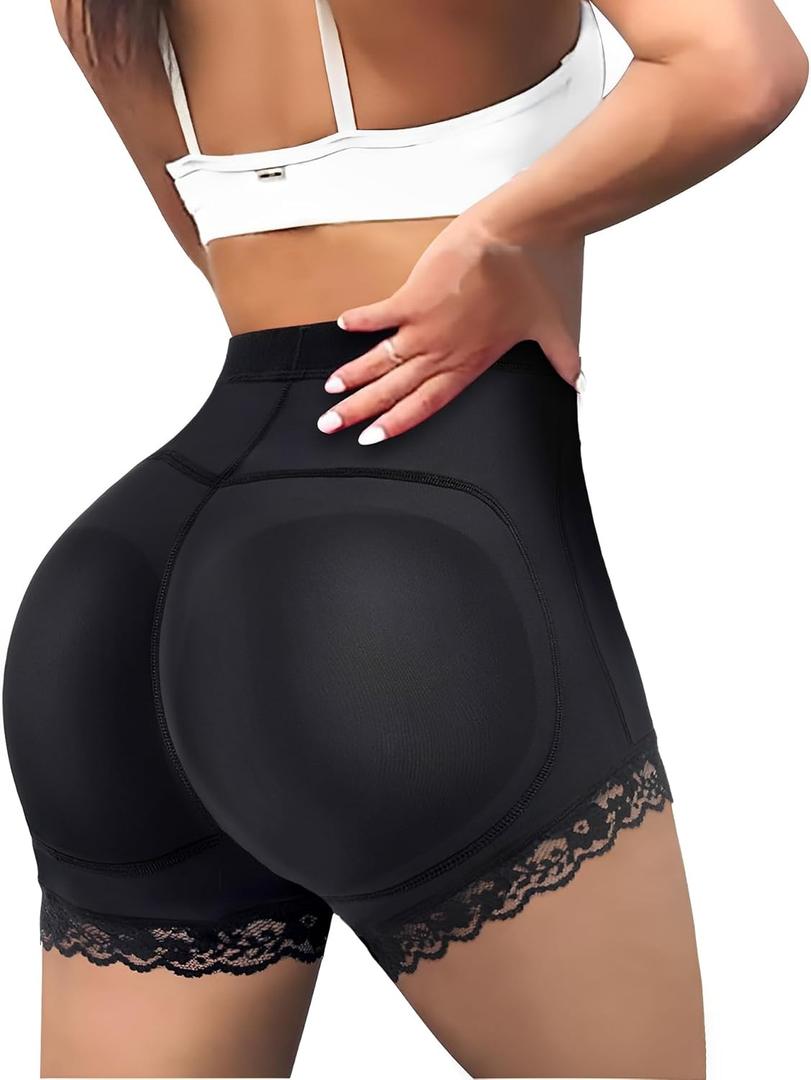 LODAY Womens Butt Lifter Padded Lace Panties Seamless Hip Enahncer Body Shaper Boyshort Underwear (Small, Black Mid Waist Shorts)