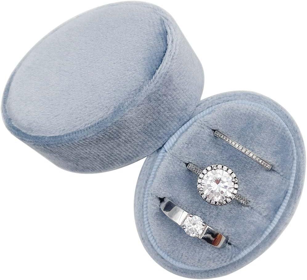 Velvet Oval Ring Box 3 Slots - Premium Wedding Three Rings Box Vintage Handmade Storage Jewelry Organizer for Proposal, Engagement, Wedding Ceremony, Christmas (Blue)