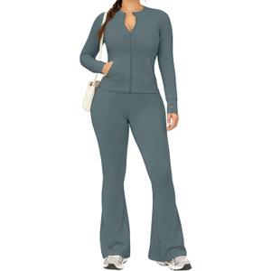 UOUA Women's 2 Piece Set Long Sleeve Jacket & Ankle Length Workout Flare Leggings Casual Matching Outfit Tracksuit Sweatsuit, S