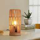 Bamboo Rattan Table Lamp for Living Room, Boho Handmade Woven Cylinder Lampshade Standing Lamp with Natural Wooden Base, Industrial Wicker Desk Light Decoration for Bedroom, Farmhouse