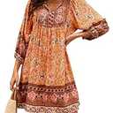 Qearal Women's Casual V Neck 3/4 Sleeve Boho Floral Printed Loose Short Flowy Summer Beach Vacation Dress (Medium, Orange)
