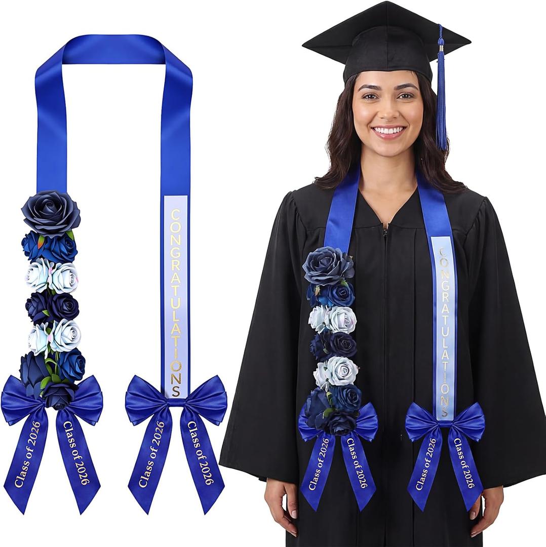 Yinder 2026 Graduation Flower Lei 56'' Artificial Rose Grad Stole Necklace Ribbon Garland Gift for Party Photo Prop Decor(Light Blue and Gold)