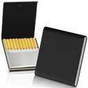 Portable Slim Leather Cigarette Case for Hold 10 Regular Size - One-Hand Operate Leather Stainless Steel Cigarette Case Box for Men and Women, Black