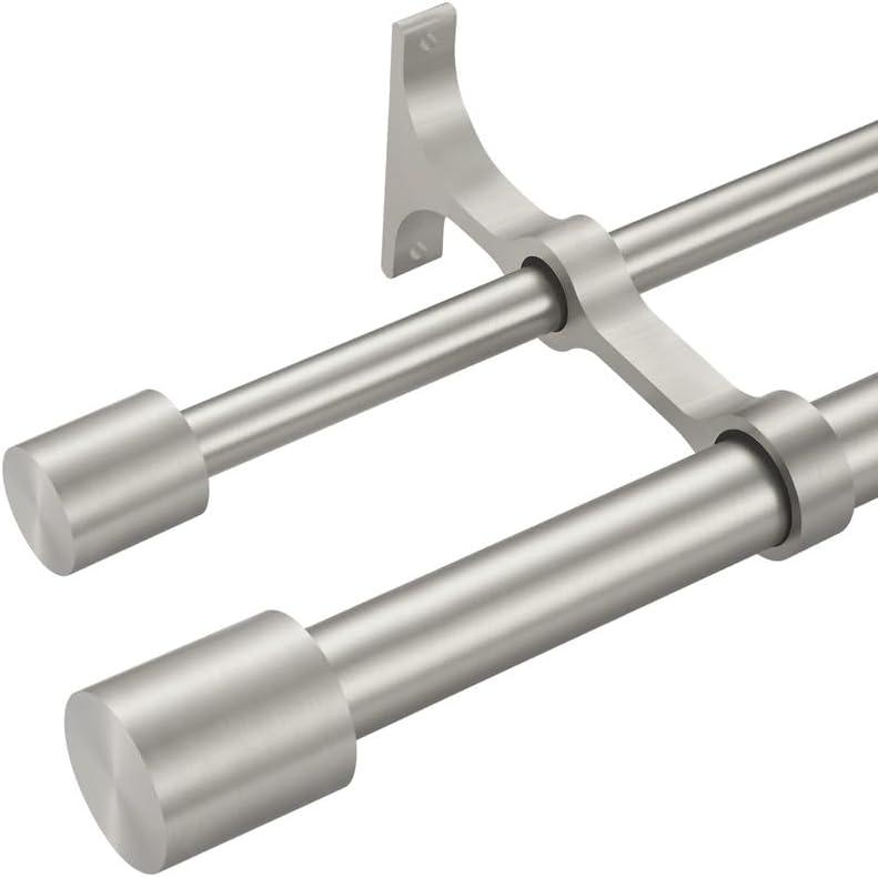 Brushed Nickel Double Curtain Rods 28-48", Decorative Double Window Curtain Rod with Cap Finials, 1 Inch Front and 5/8 Inch Back Heavy Duty Double Window Rods, Adjustable Dual Drapery Rod