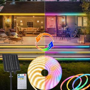 ZAIYW 32.8Ft Dual Color Changing Solar LED Strip Lights Outdoor, IP68 Waterproof Strip Lights with Timer Remote, Self-Adhesive Cuttable Light Strip for Yard Garden Decor (Warm White & Multicolor)