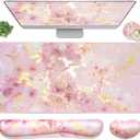 4-in-1 Large Gaming Mouse Pad, Keyboard Wrist Rest Pad & Wrist Support Mousepad Set, Extended Desk Pad Waterproof Desk Mat for Home Office Study Game-Pink Gold Marble