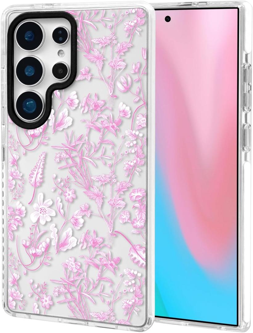 ChiCsFleur for Samsung Galaxy S25 Ultra Case, TPU Phone case with Camera Protection for Women Girls Teens - Pink Chinoiserie Decor Elegant Artistic Minimalist Floral Blossom Gift Aesthetic Unique (Bluselle)
