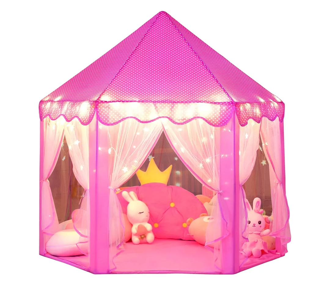 Wilwolfer Kid Tent with Mat, Star Lights  Kids Play Tents for Toddlers Kids Tents Indoor Playhouse  Princess Tent for Girls Toy House Gift (Pink with Mesh)