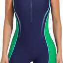 ATTRACO Boyleg One Piece Swimsuits for Women Athletic Bathing Suits Color Block Zip Up Swimwear (Large, #1 Navy Green Block)