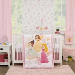 Disney Make A Wish Multi Princess Pink and White Belle, Tiana, and Aurora 3 Piece Nursery Crib Bedding Set - Comforter, Fitted Crib Sheet, and Crib Skirt