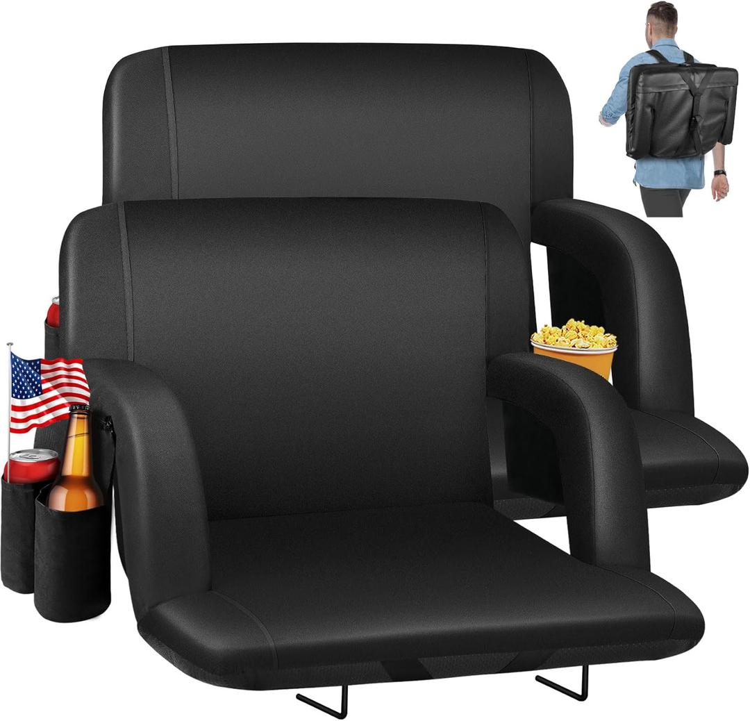 HOPERAN Stadium Seats for Bleachers with Back Support, Half-fold Portable Bleacher Chairs with Back and Cushion, 600D Waterproof Reclining Extra Wide Bleacher Seat for Outdoor Sports (23", Black 2pcs)