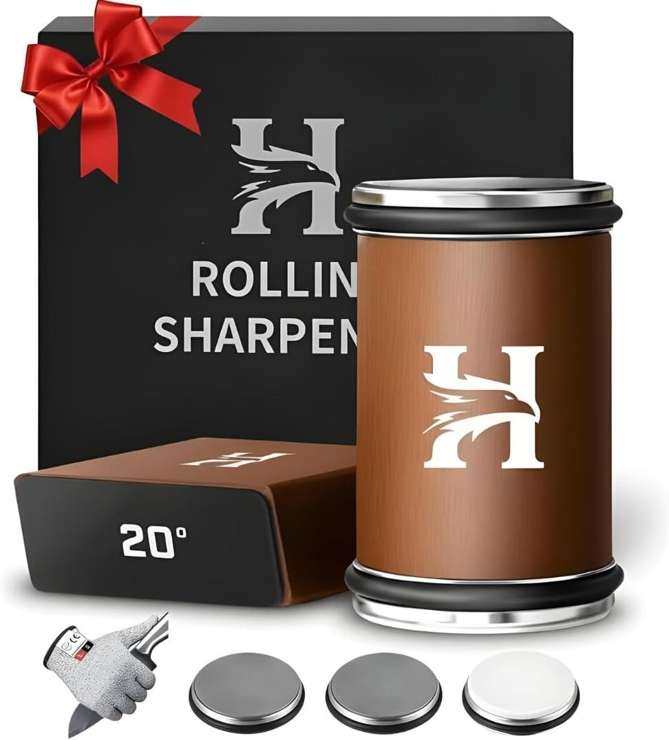 Rolling Knife Sharpener Kit  3-Stage 400/1000/3000 Grit Discs  15 & 20 Magnetic Angles  Replaceable Diamond & Ceramic Discs  Professional Kitchen & Chef Knife Sharpening System (Brown)