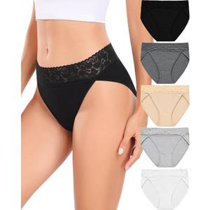 RHYFF Womens Underwear Cotton Bikini Panties High Cut Lace Panty Stretch Hipster Underpants Ladies Briefs S-XXL (Large, Blackwhite)