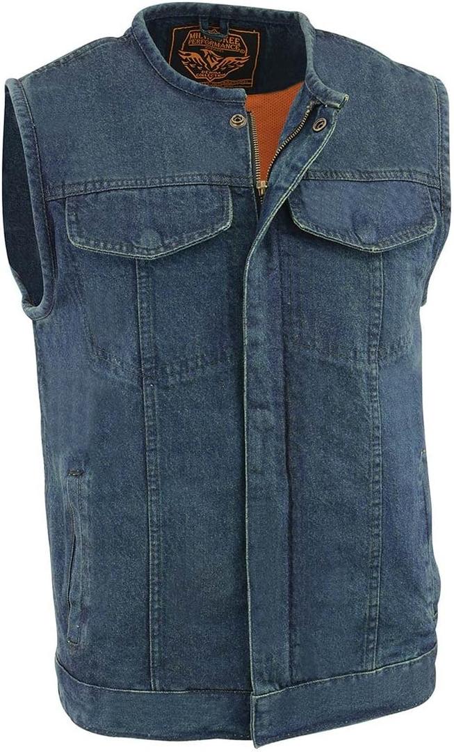 Milwaukee Leather MDM3001 Men's 'Covert' Black Denim Collarless Club Style Motorcycle Biker Vest w/Dual Closure (4X-Large, Blue)