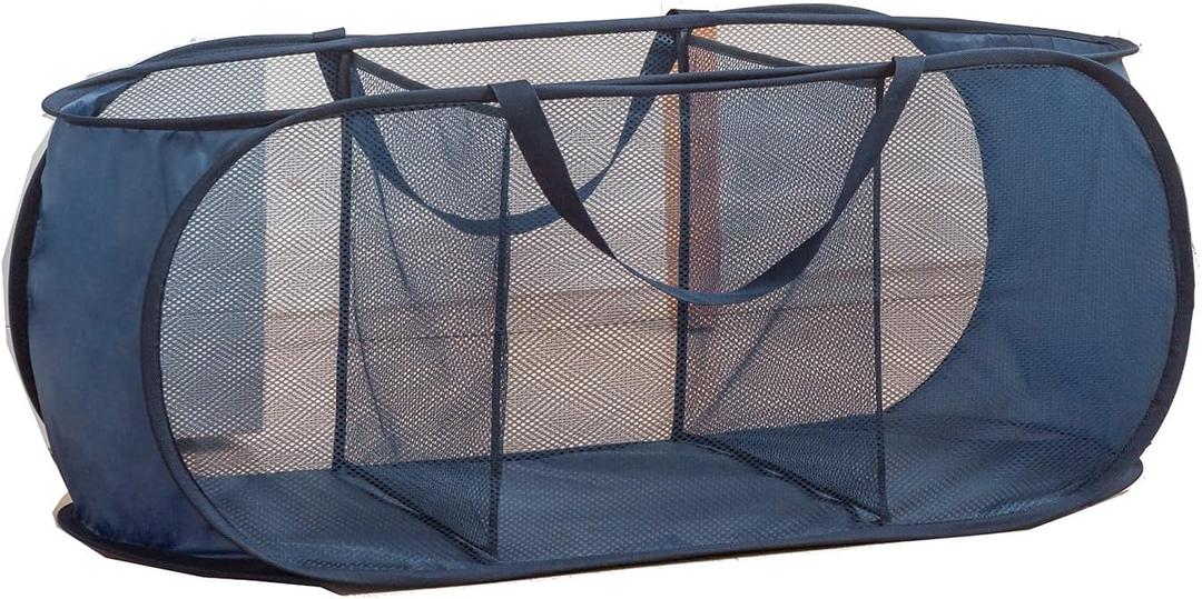 Mesh Laundry Hamper Basket, Sturdy 3 Compartments Laundry Basket, Foldable Pop up Laundry Hamper with Side Pocket for Laundry Room, Bathroom, Kids Room, College Dorm or Travel, Navy