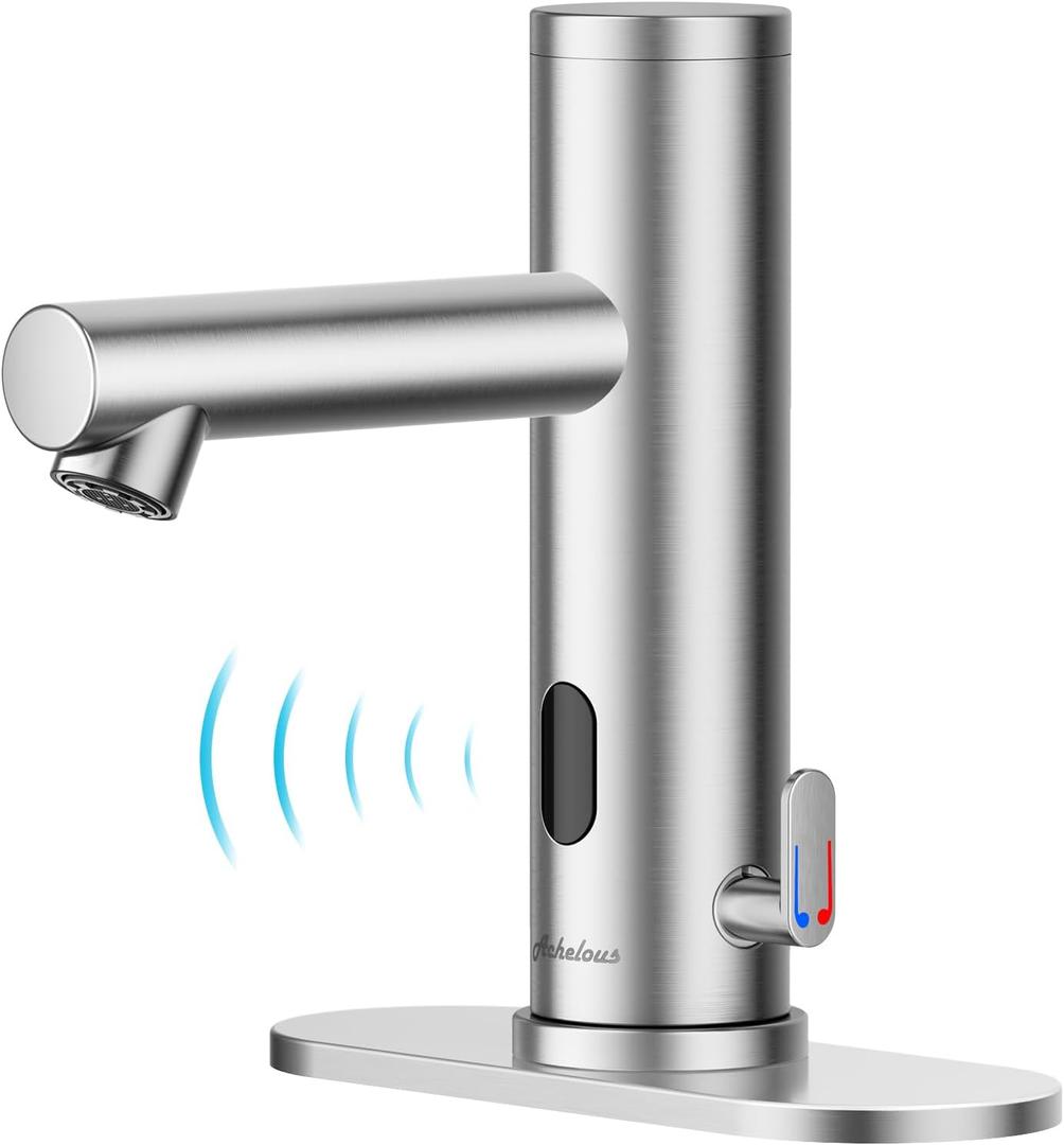 Achelous Stainless Steel Automatic Touchless Bathroom Sink Faucet, Hands Free Infrared Sensor Basin Faucet with Temperature Control, Battery Powered Sensor Bathroom Tap Brushed Nickel