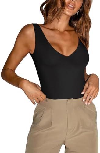 REORIA Butsmooth® Women’s Trendy Sexy Plunge Deep V Neck Sleeveless V Backless Going Out Tank Bodysuits Tops XXL