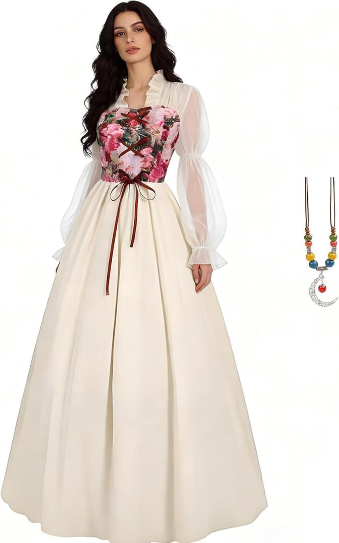 Women Renaissance Corset Dress Victorian Medieval Costume Floral Fairy Dresses Vintage Gown with Necklace (S)