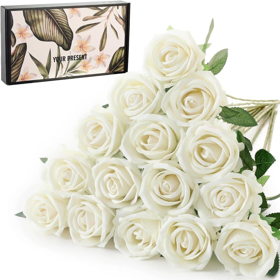 15Pcs Pearl White Roses Artificial Flowers Fake Roses Long Stem Velet Rose Silk Flowers for Home Wedding Decoration (Pearl Roses,White)