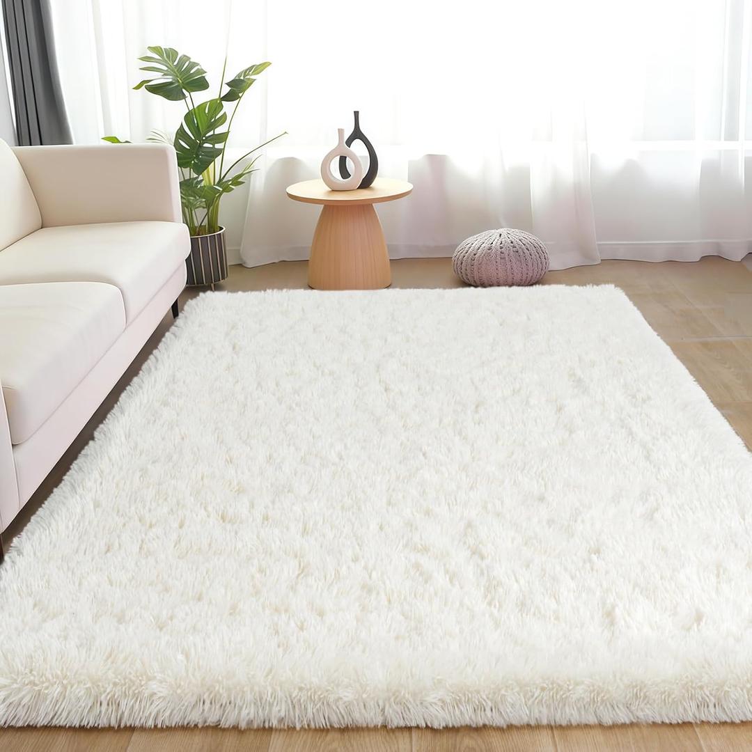 Rug for Living Room Bedroom, 5x7 Area Rugs for Living Room, Ultra Soft Modern Shaggy Carpets Fuzzy Rug for Boys Girls Dorm Nursery Home Decor Aesthetic, Upgrade Non-Slip Durable, Cream White
