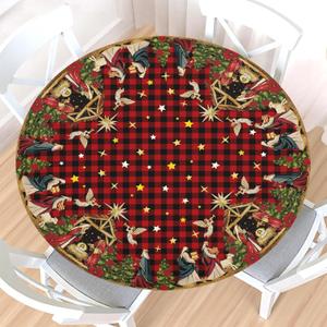 Red Christmas Round Fitted Tablecloth with Elastic Edge,Water-Resistant Wipeable Winter Holy Nativity Xmas Buffalo Plaid Table Cover for 40-44" Stretch Table Cloth for Dinner Indoor Outdoor Party