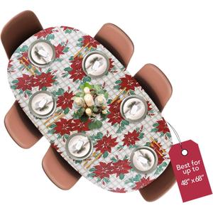 Covers For The Home Deluxe Elastic Edged Flannel Backed Vinyl Fitted Table Cover - Christmas Flower Pattern - Round Oblong Oval - Fits Tables up to 48" W x 68" L