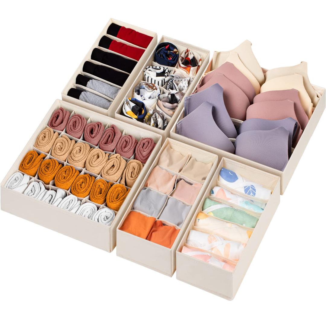 Criusia 6 Pack Sock Underwear Drawer Organizer Dividers, 58 Cell Foldable Fabric Dresser Closet Organizers and Storage Bins for Clothing, Baby Clothes, Bra, Panty, Scarf, Ties (Beige)