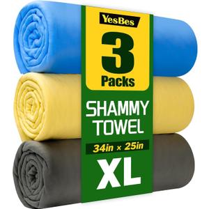 3 Pack Premium XL Shammy Cloth for Car Drying, 34x25 Chamois Towel for Car, Super Absorbent Shammy Towel for Car, Reusable Soft Car Drying Towels