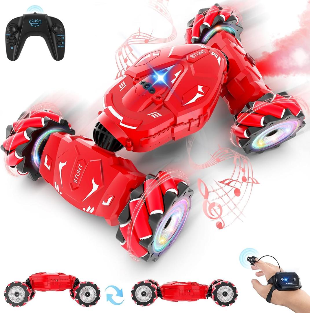 Pristar RC Stunt Cars, Gesture Sensing Remote Car Toys for 6-12 Boys Girls, 2.4Ghz Hand Remote Control Car with Spray Lights Music 360 Rotation 4WD Off-Road, Birthday Xmas Gifts for Kids Age 6-12 (Red)