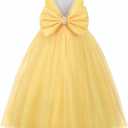 Uhnice Flower Girl Pearls Dress V-Back Tulle Ball Gown Satin Prom with Bow-Knot for Wedding Pageant Birthday Party (9-10 Years, Yellow)