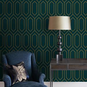 Safiyya 393"x17.3" Peel and Stick Wallpaper Geometric Wall Paper Gold and Dark Teal Contact Paper Self Adhesive Removable Wallpaper for Bedroom