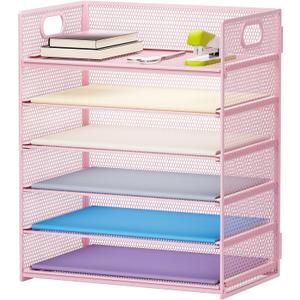 Marbrasse 6 Tier Paper Organizer Letter Tray - Mesh Desk File Organizer with Handle, Paper Sorter Organizer for Letter/A4 Office File Folder Holder - Pink (6 Tier - Pink)