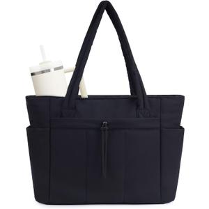 Wandering Nature Puffer Tote Bag with Cup Holder & Laptop Compartment & Trolley Sleeve for Travel, Work, Nurse, Women (Medium, 01-black)