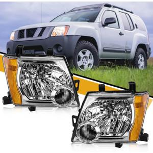 Headlight Assembly Pair Compatible with Nissan Xterra 2005-2015, Factory-OE-Style Halogen Headlamp Replacements for 26010-EA025 26060-EA025, w/o Bulb, White Housing Clear Lens Yellow Corner