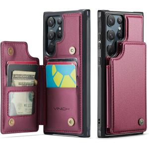 Vinich for Samsung Galaxy S22 Ultra Wallet Case with Card Holder, RFID Blocking Credit Slots Kickstand Shockproof Phone Cover Fit for Galaxy S22 Ultra 6.8" Wine Red