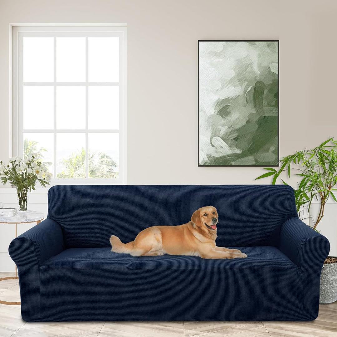 Stretch Couch Cover Washable Sofa Slipcover Furniture Protector with Non Skid Foam and Elastic Bottom for Kids, Dog(Large/Navy)