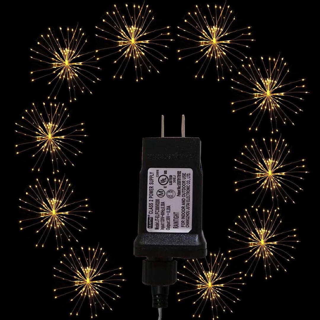 10 Pcs Total 600 LED Firework Copper Wire Lights, Fairy Twinkle Lights Plug in String Lights 8 Modes Waterproof Starburst Lights for Christmas, Birthday, Bedroom, Corridor Patio, Wedding